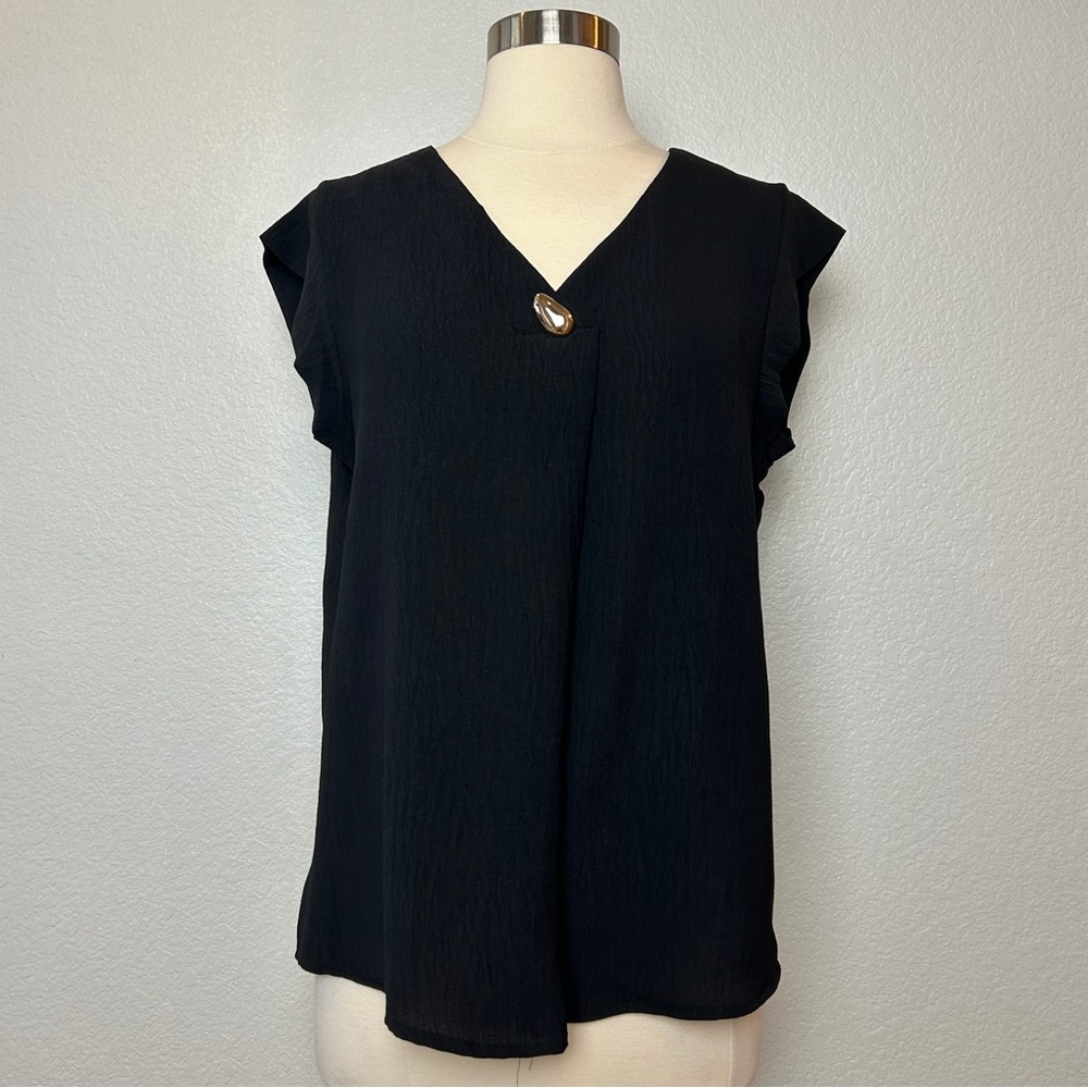 NWT AZ Fashion Blouse Women's L/XL Black Relaxed Fit Cap Sleeve Vacation Cruise